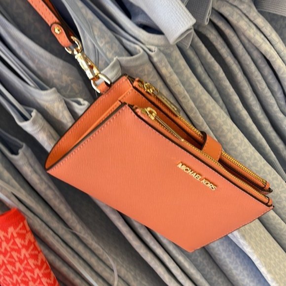 Michael Kors Jet Set Travel Leather Large Double Zip Wallet Wristlet Sherbert - Picture 15 of 16
